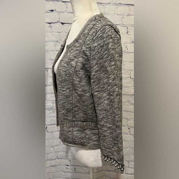 Express Womens Blazer Heathered Grey Crop Knit Open Front Beaded Cuffs Size M - Picture 3 of 8